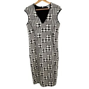 H&M Houndstooth Sheath Dress Black‎ White V Neck Midi Women's M City Chic Office